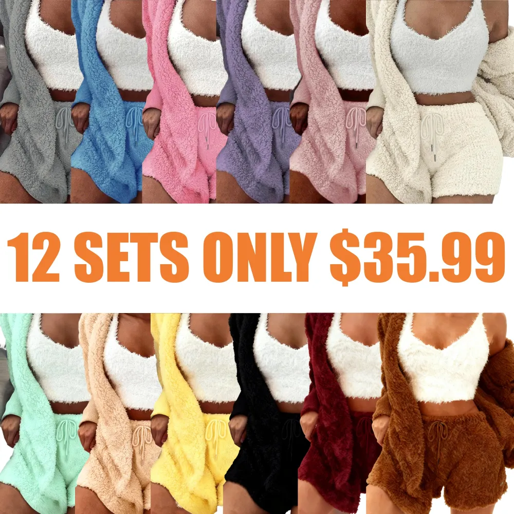 Women's Solid Color Plush Three-piece Pyjama Set