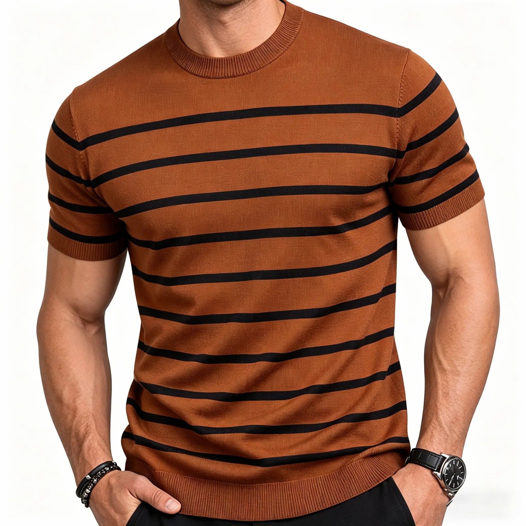 Unisex Retro Striped Knitted T-Shirt – Vintage Crew Neck Summer Basic