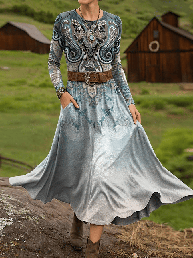 Women's Paisley Art Print Long-sleeved Dress
