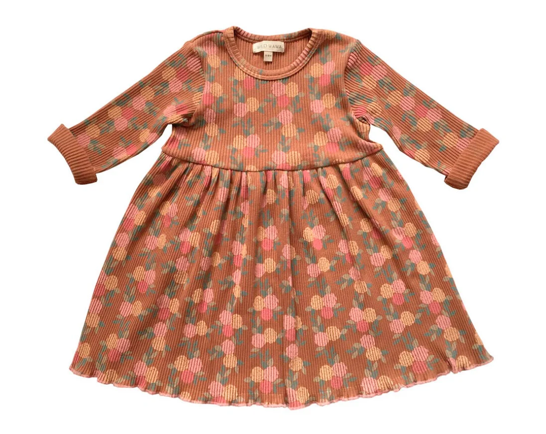 Rib Long Sleeve Dress: Caramel Roses