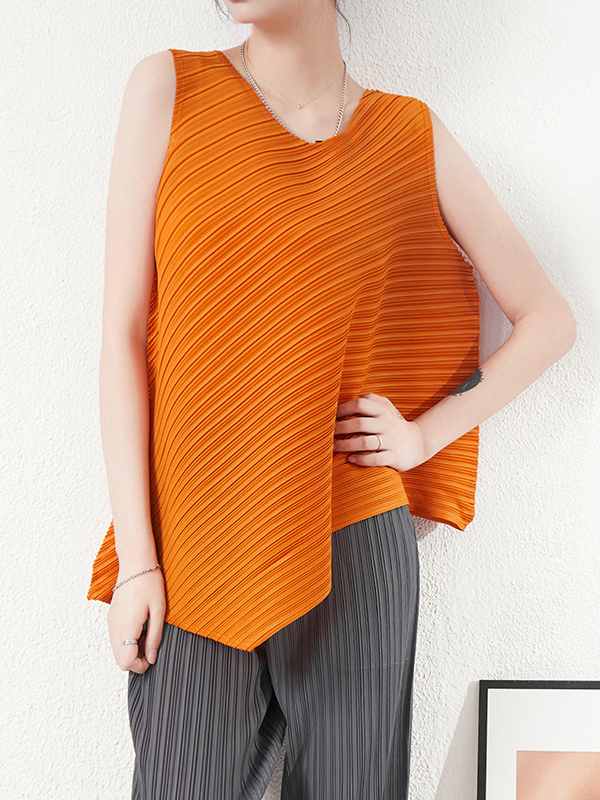 Simple Loose Sleeveless Pleated Asymmetric Solid Color Round-Neck Vest Top
