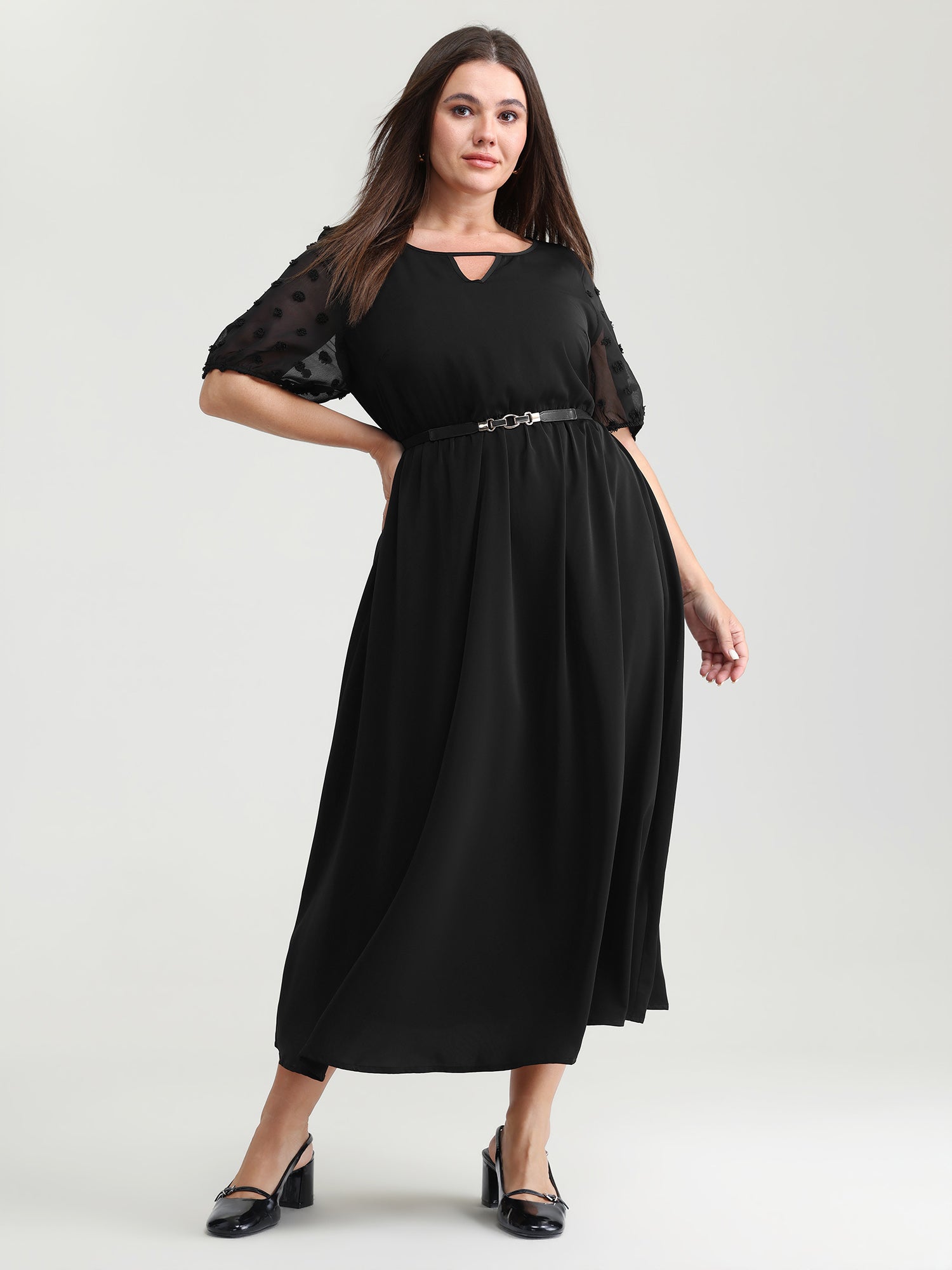 Sheer Chiffon Textured Waist-Defining Maxi Dress