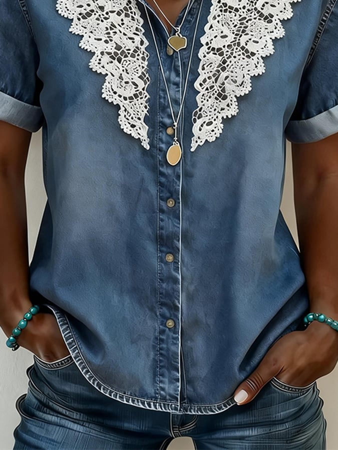 Women's Casual Collared Denim Shirt with Lace Trim