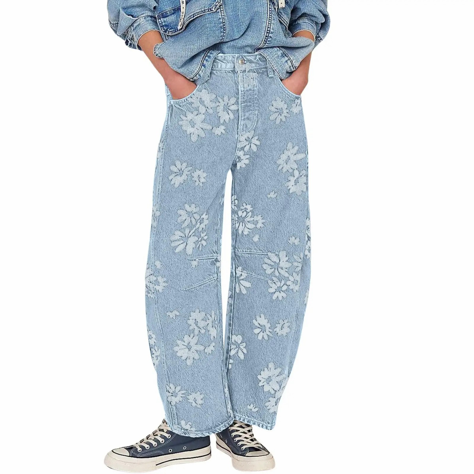 Women's Y2K Floral Printed Wide Leg Jeans – Loose Boyfriend Style Barrel Denim