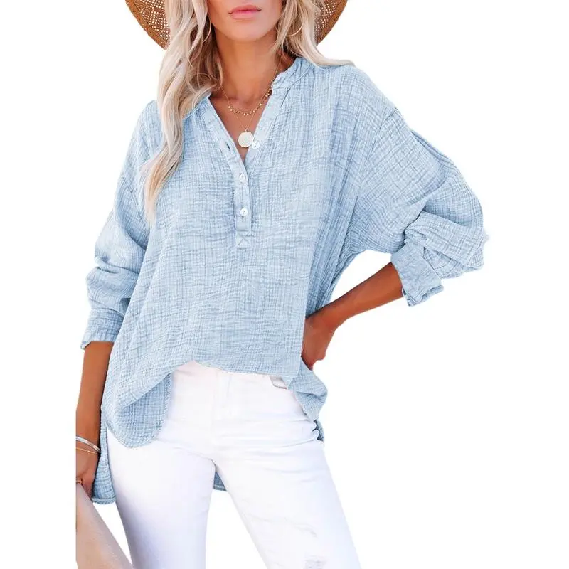Women's Casual Button V Neck Long Sleeve Shirts Oversized Solid Blouses Tops