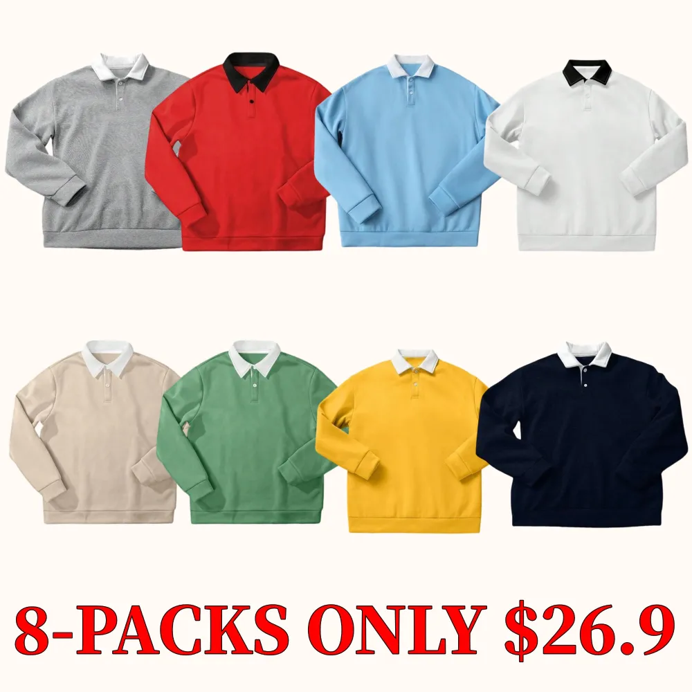 Men's loose-fitting, color-block, collared, long-sleeved polo shirt