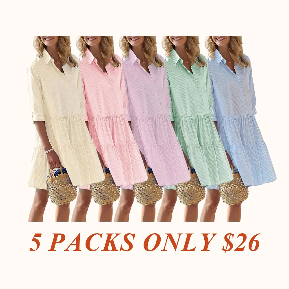 Women's Summer Striped Shirt Dress Half-Button Mini Cake Dress Loose Casual Rolled-Sleeve