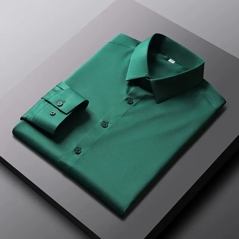 2025 New Elastic Silk White Shirt Men'S Long Sleeve Iron-Free Solid Color Breathable Casual Slim Business Men'S Shirt