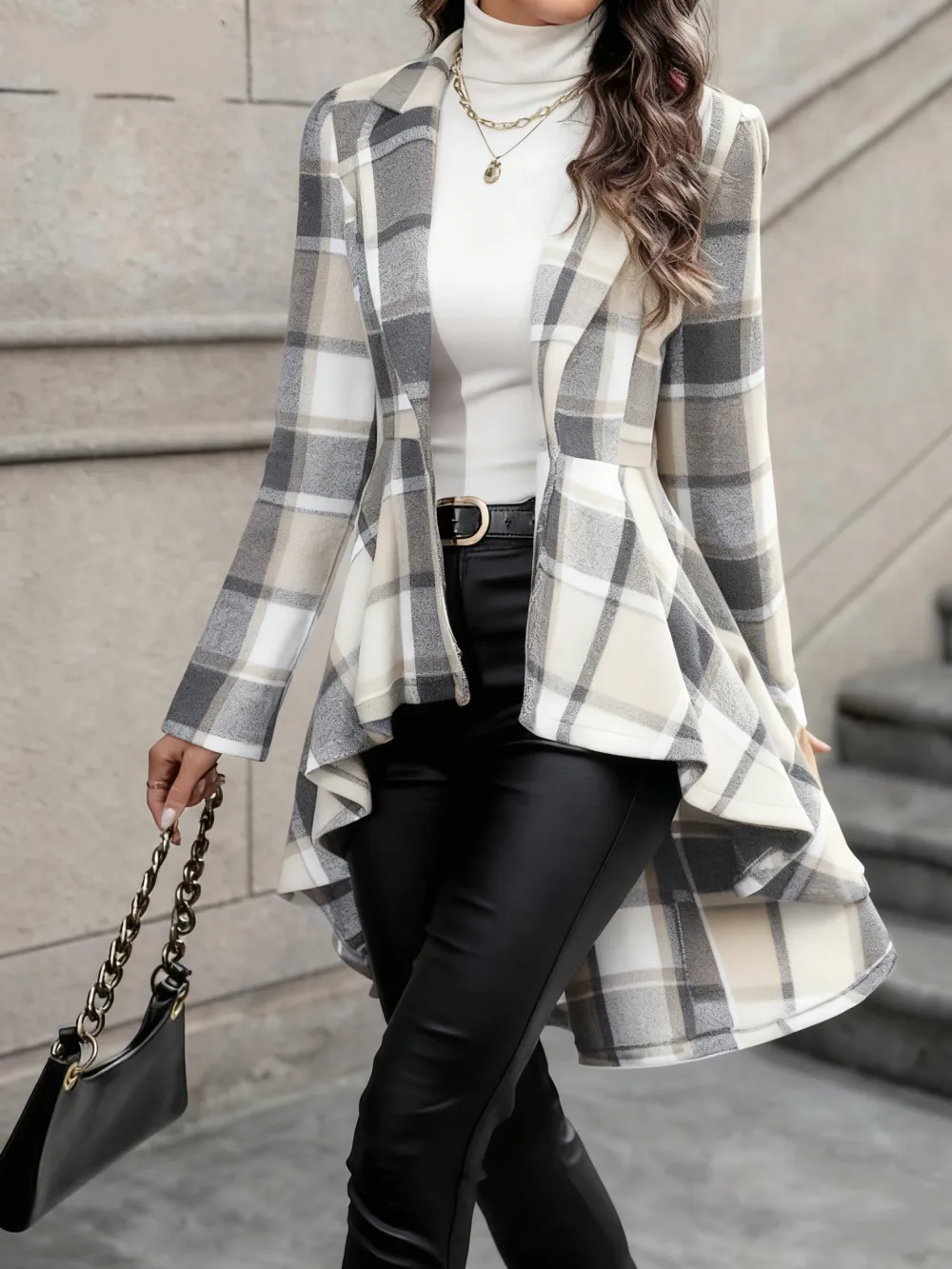 Women's Plaid Print Button High Low Hem Jacket