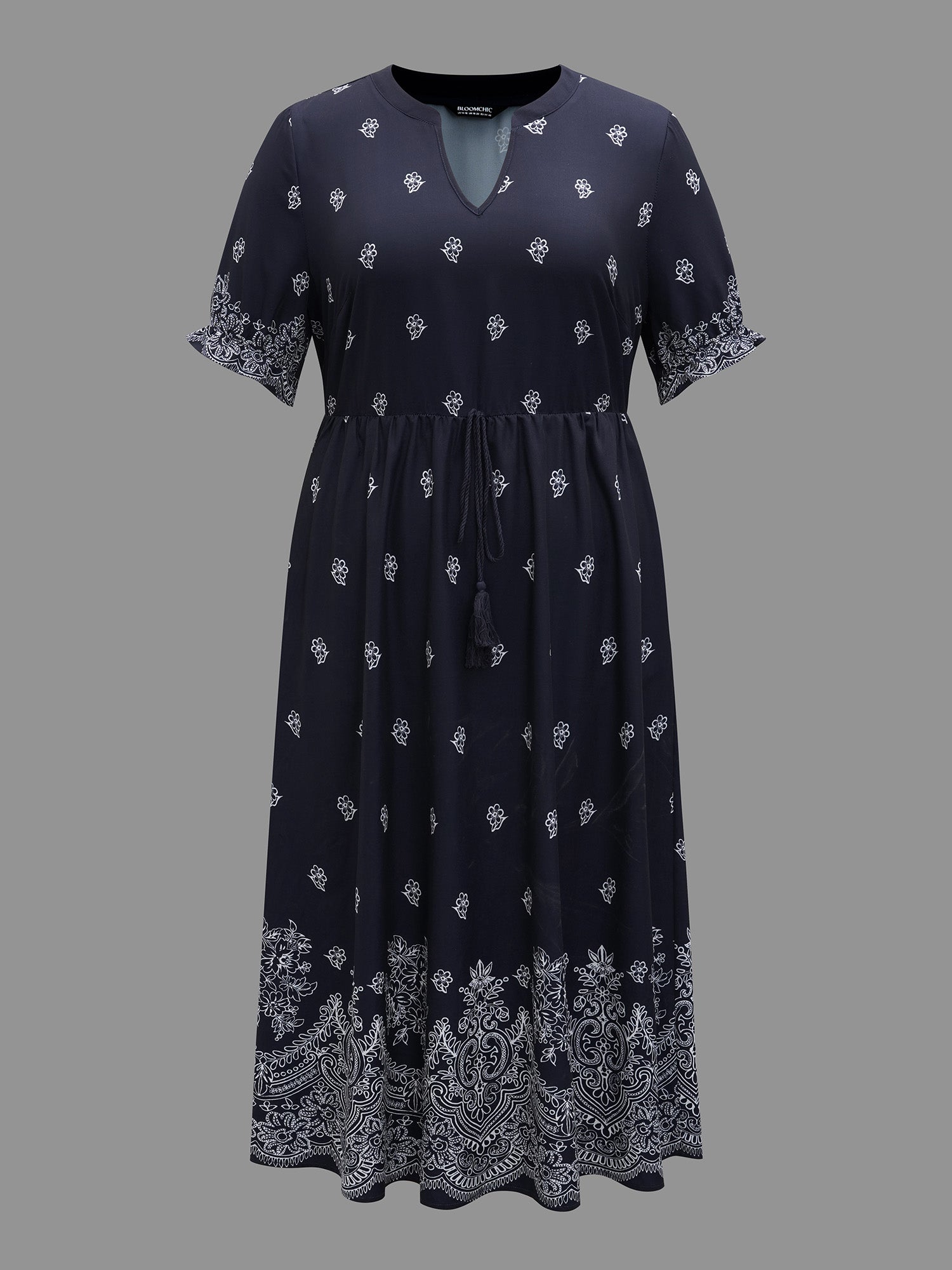 Floral Waist-Tie Notched Collar Midi Dress