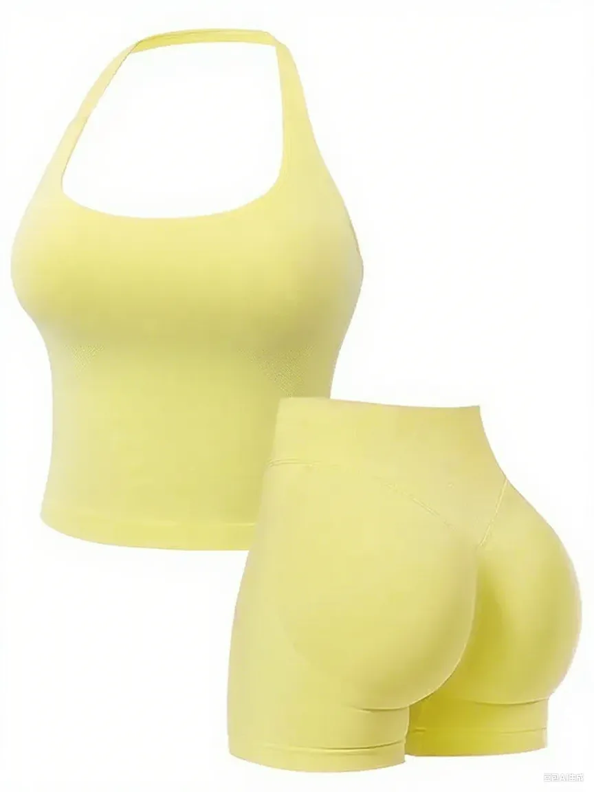 Two-Piece Set Women's Solid Color Halter Top & High Waist Shorts Sports Set