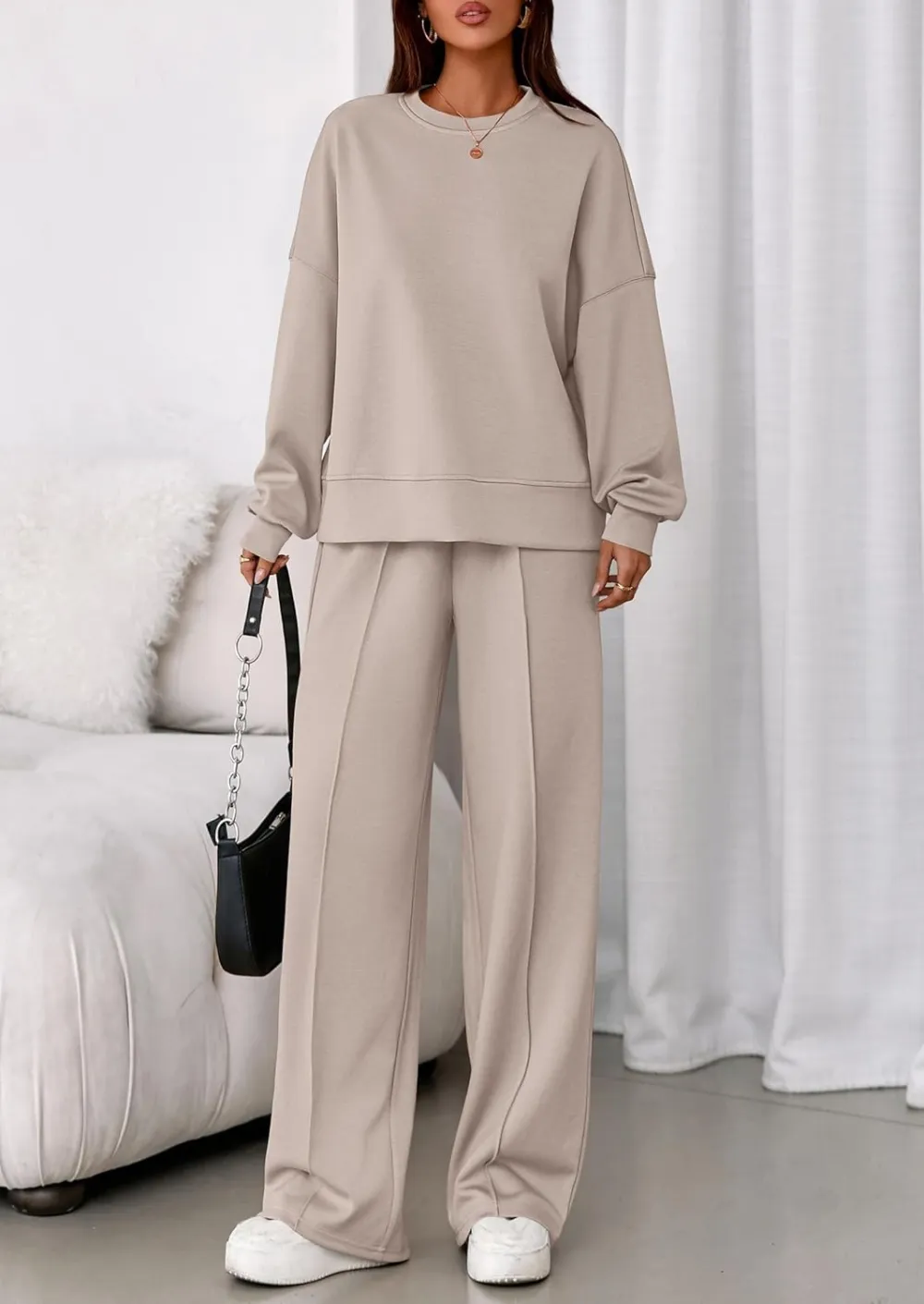 2 Piece Sets For Women Fall Trendy Long Sleeve Sweatshirt Wide Leg Pants Loungewear Set