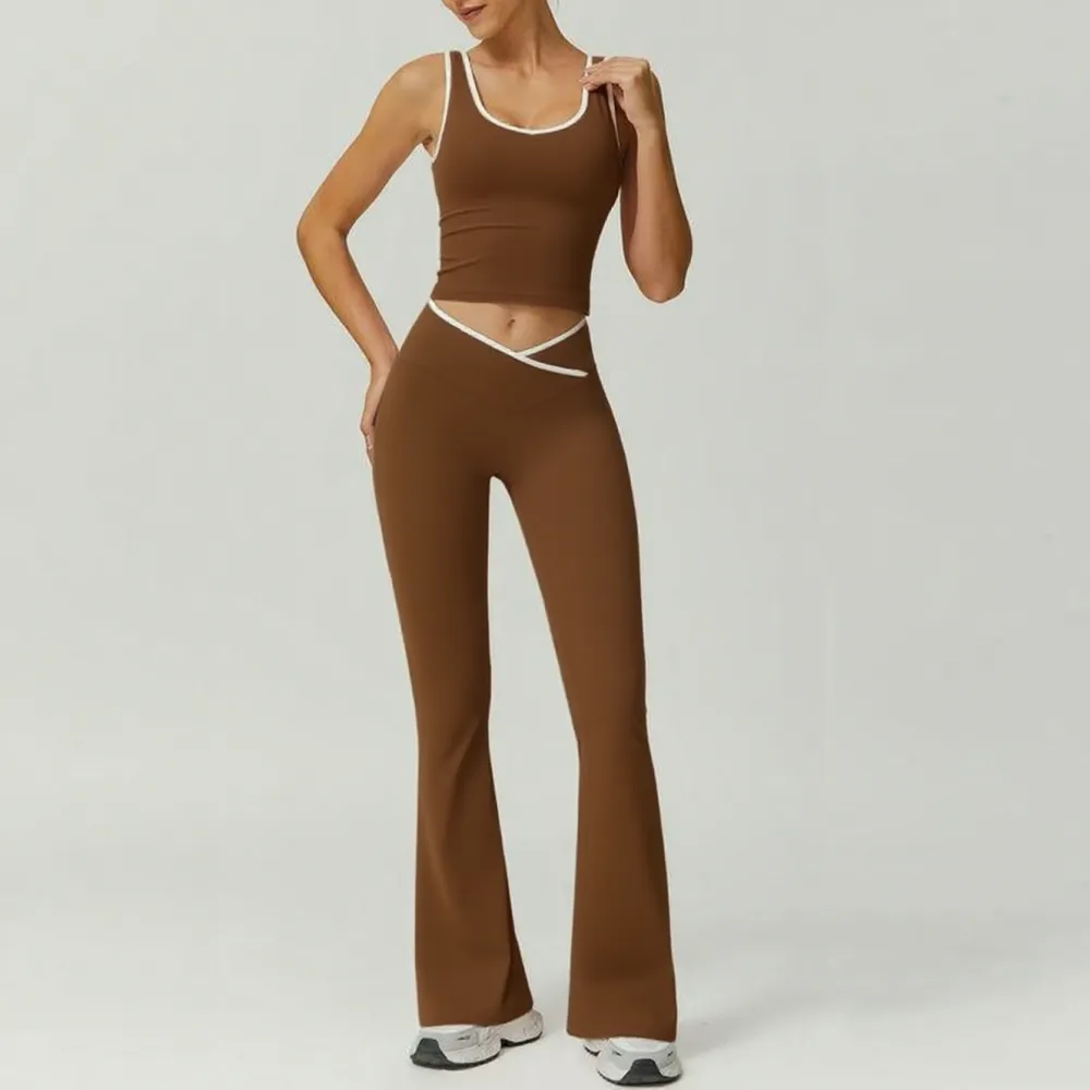 Womens Colorblock Tank Top & Flare Leg Pants Tracksuit Set