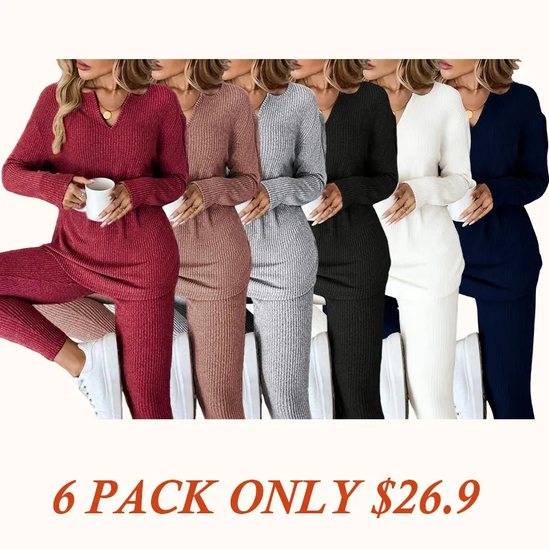 Women's Casual Fleece Ribbed Knit Long-Sleeve T-Shirt and Leggings Set