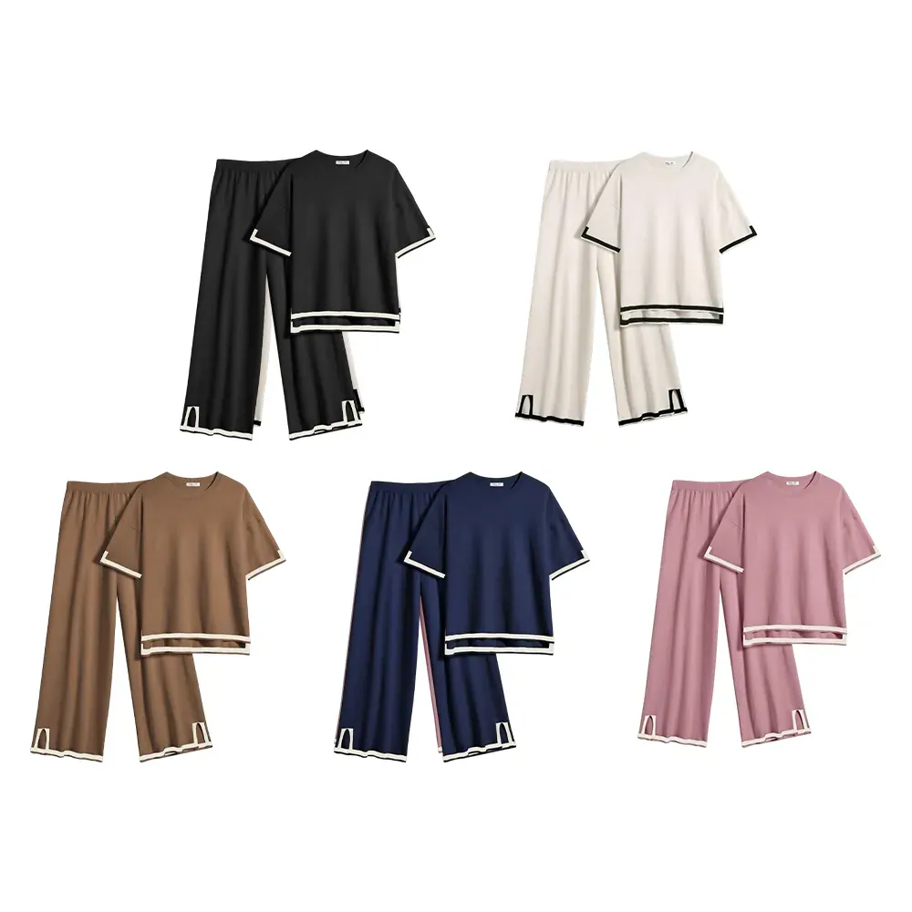 Women’s 2-Piece Knit Lounge Set – Short Sleeve Top & Wide-Leg Pants