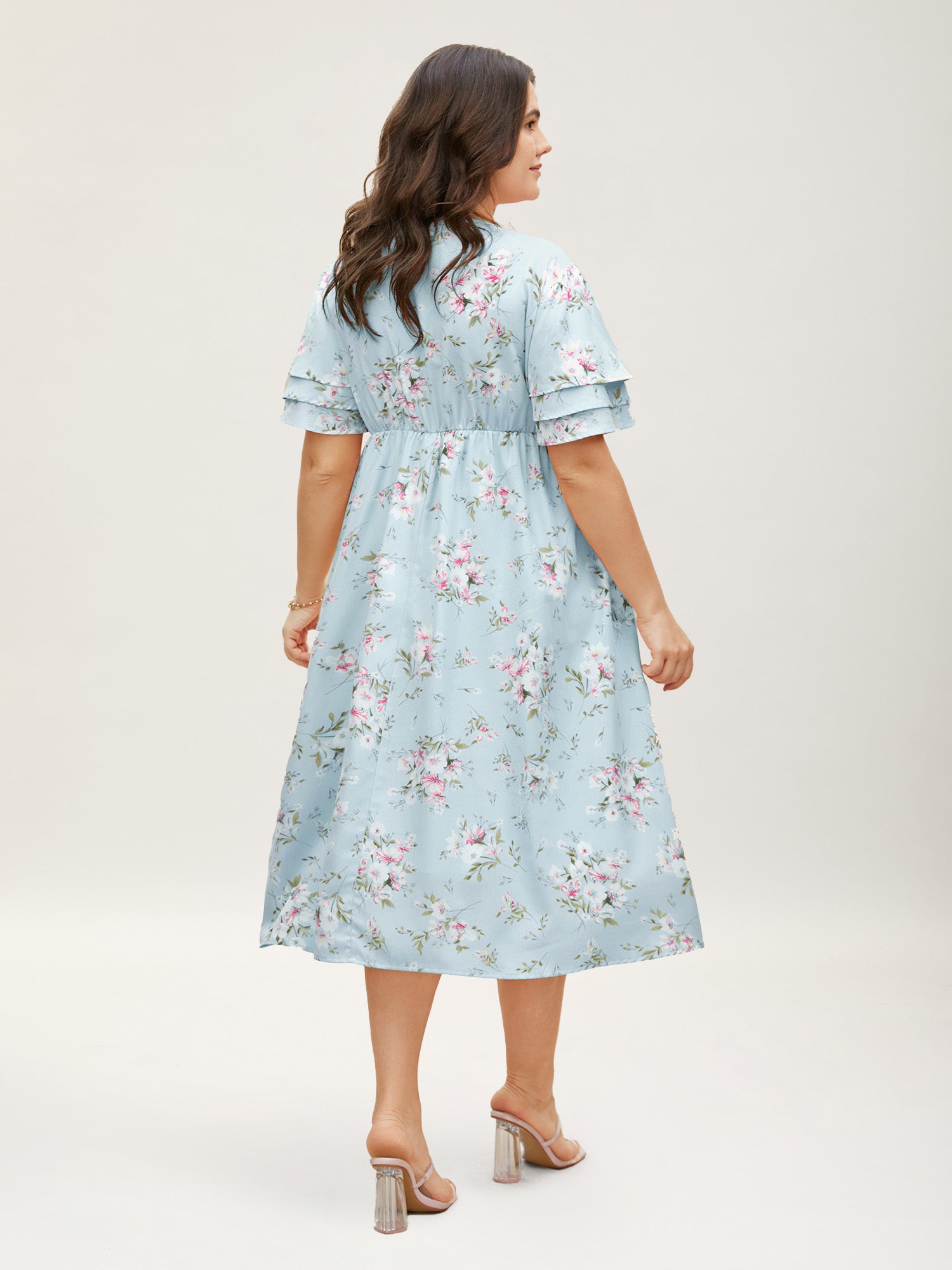 Floral Elastic Waist Tiered Ruffle Sleeve Dress