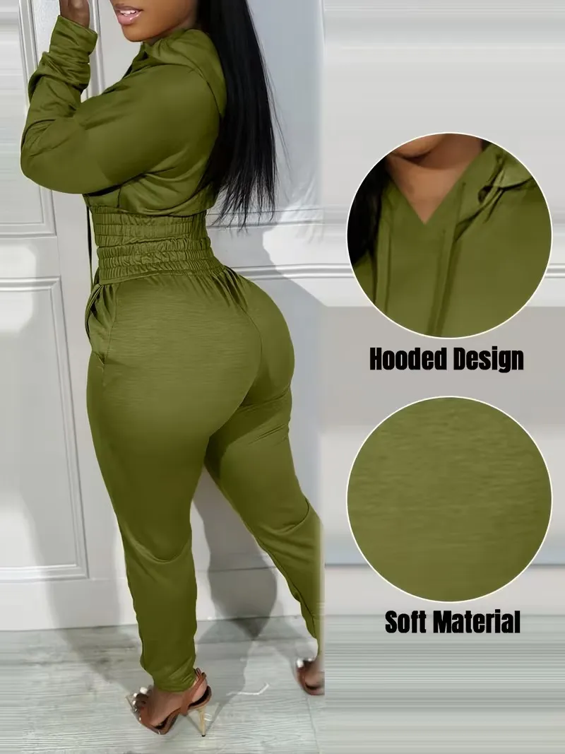 Womens 2 Piece Outfits Lounge Hoodie Shirred Waist Pocket Design Sweatshirt