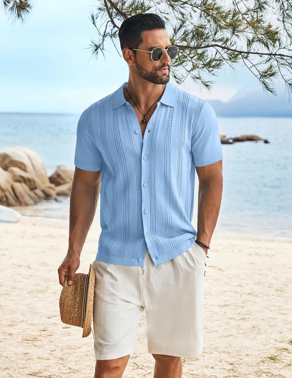 Men's Knit Shirts Short Sleeve Casual Button Down Polo Shirt Summer Beach Vacation Shirts Outfit Top