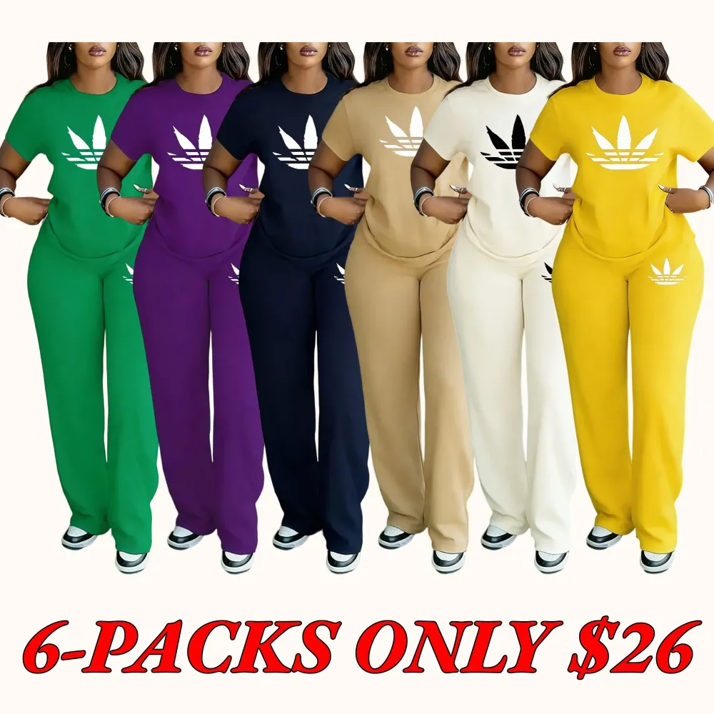 Plus-size women's spring/summer fashion printed round neck short-sleeved T-shirt and wide-leg pants two-piece set