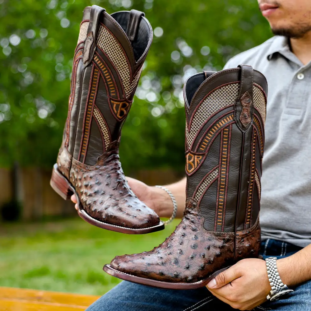 Chocolate Brown Ostrich Leather Boots - Square Toe