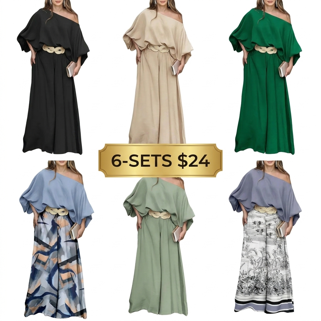 Women's Skew Neck Lantern Sleeve Top & Wide Leg Pants Set