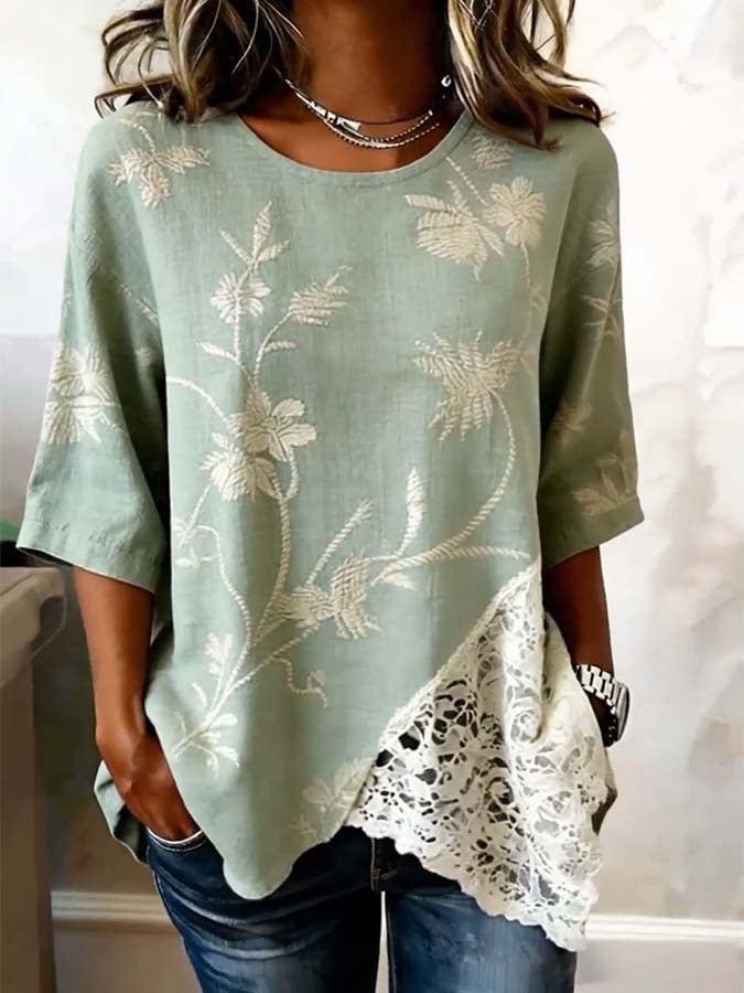 🔥Free Shipping Over $69🔥Women'S Casual Lace-Trimmed Printed Spliced ​​Top