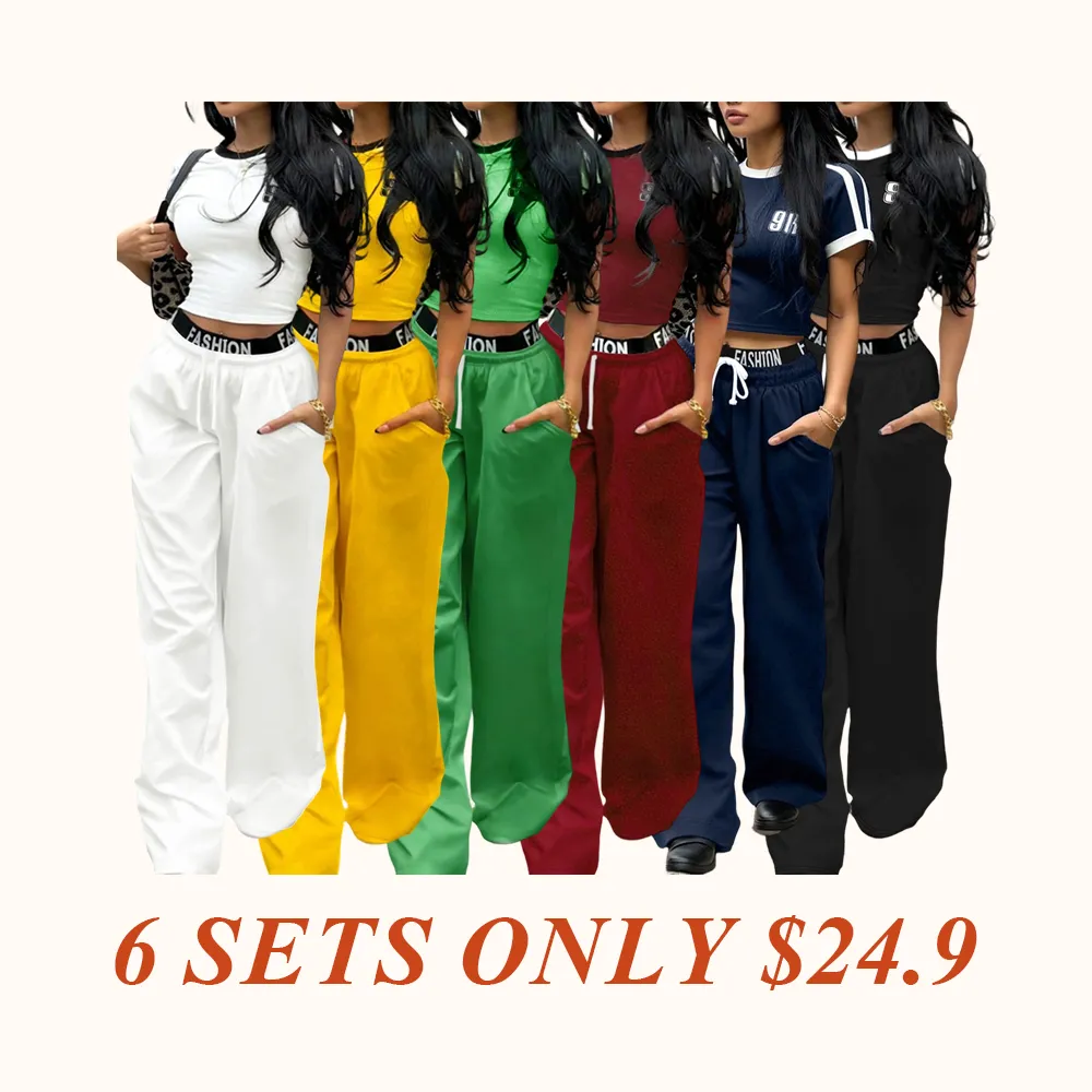 Hot-girl Style Contrast Binding Short Top and Letter Tape Wide Leg Pants, Women's Black & White Two-piece Set