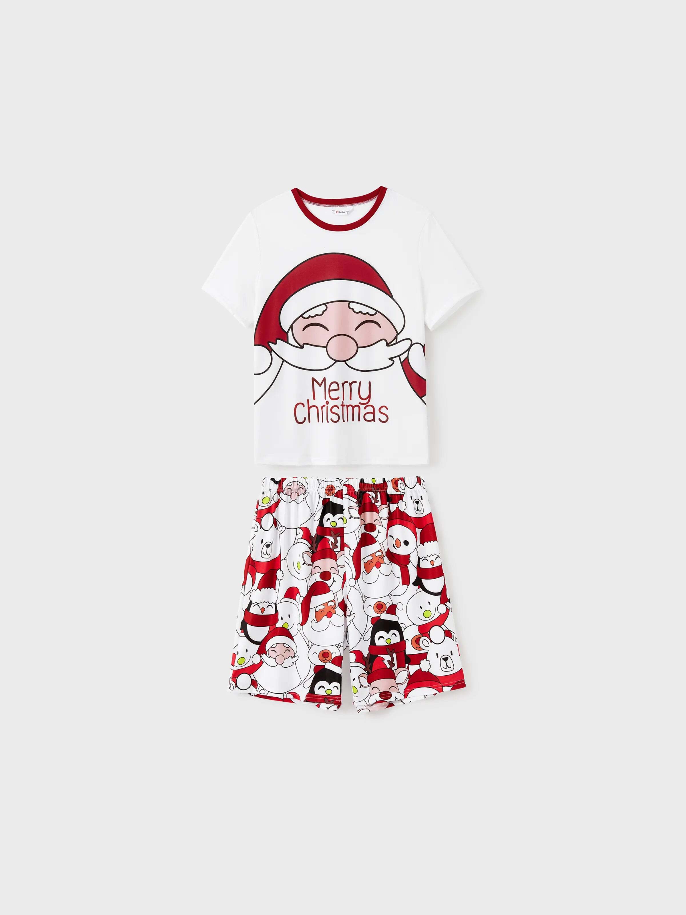 Christmas Santa and Snowman Print Family Matching Short-sleeve Tops and Shorts Pajamas Sets White