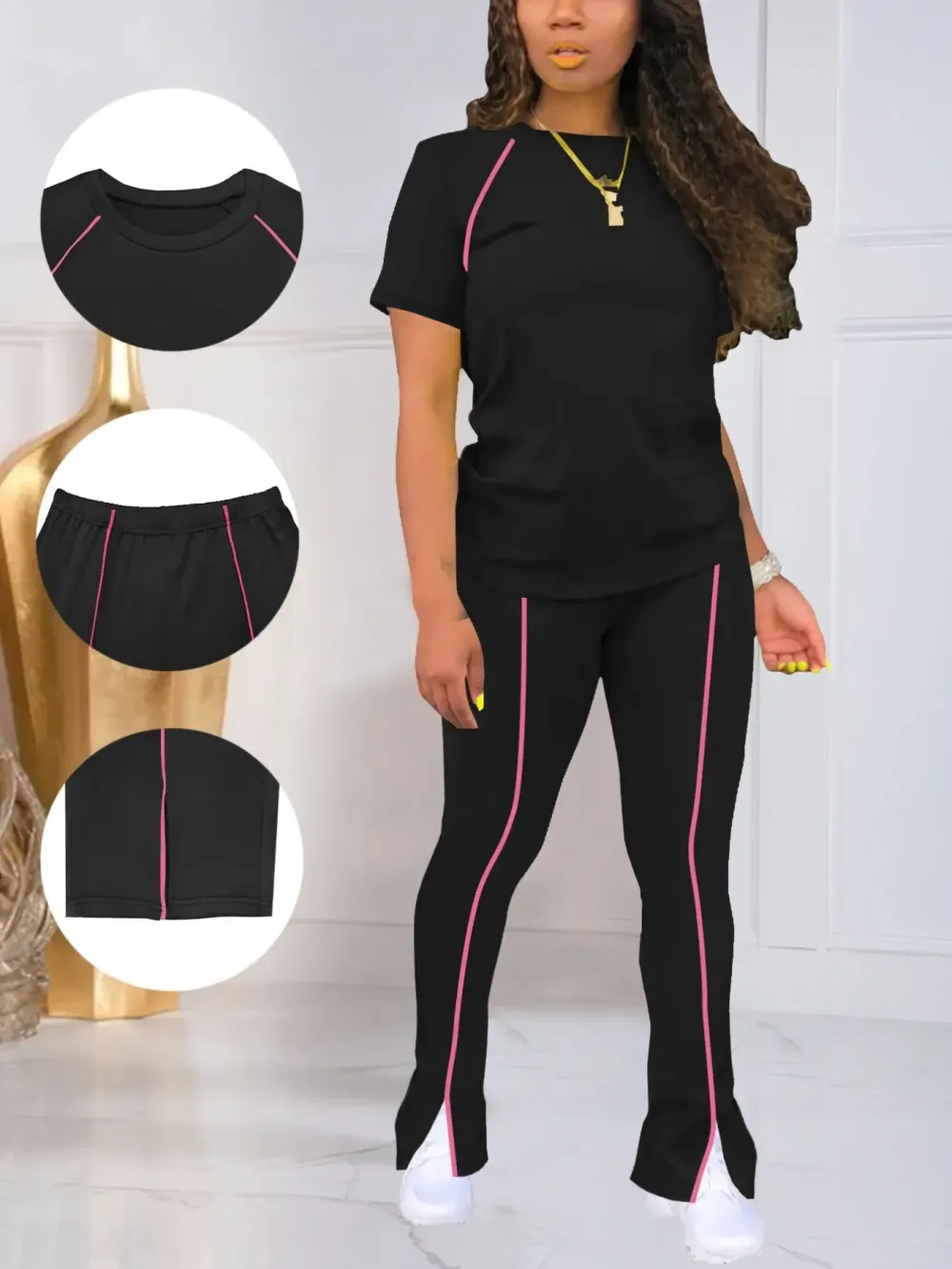 Women's Summer Round Neck Short Sleeve Fitted Pants Set Outfit, Classic Solid Color Casual Wear Lightweight Clothes