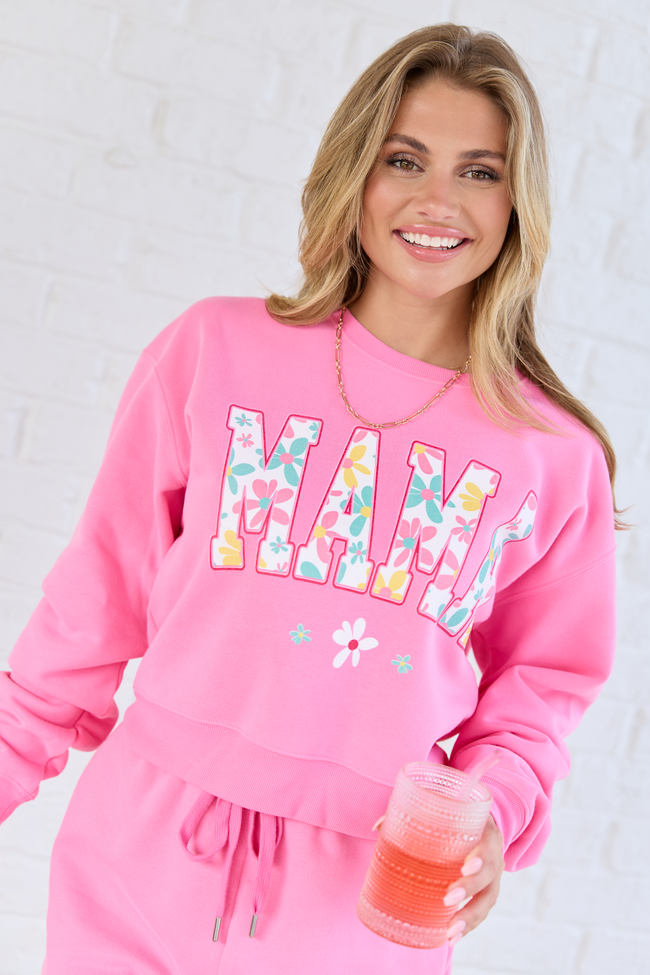 Mama Floral Print Pink Cropped Graphic Sweatshirt