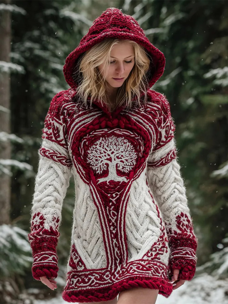 Christmas Viking Tree Of Life Women's Knit Hooded Mini Dress
