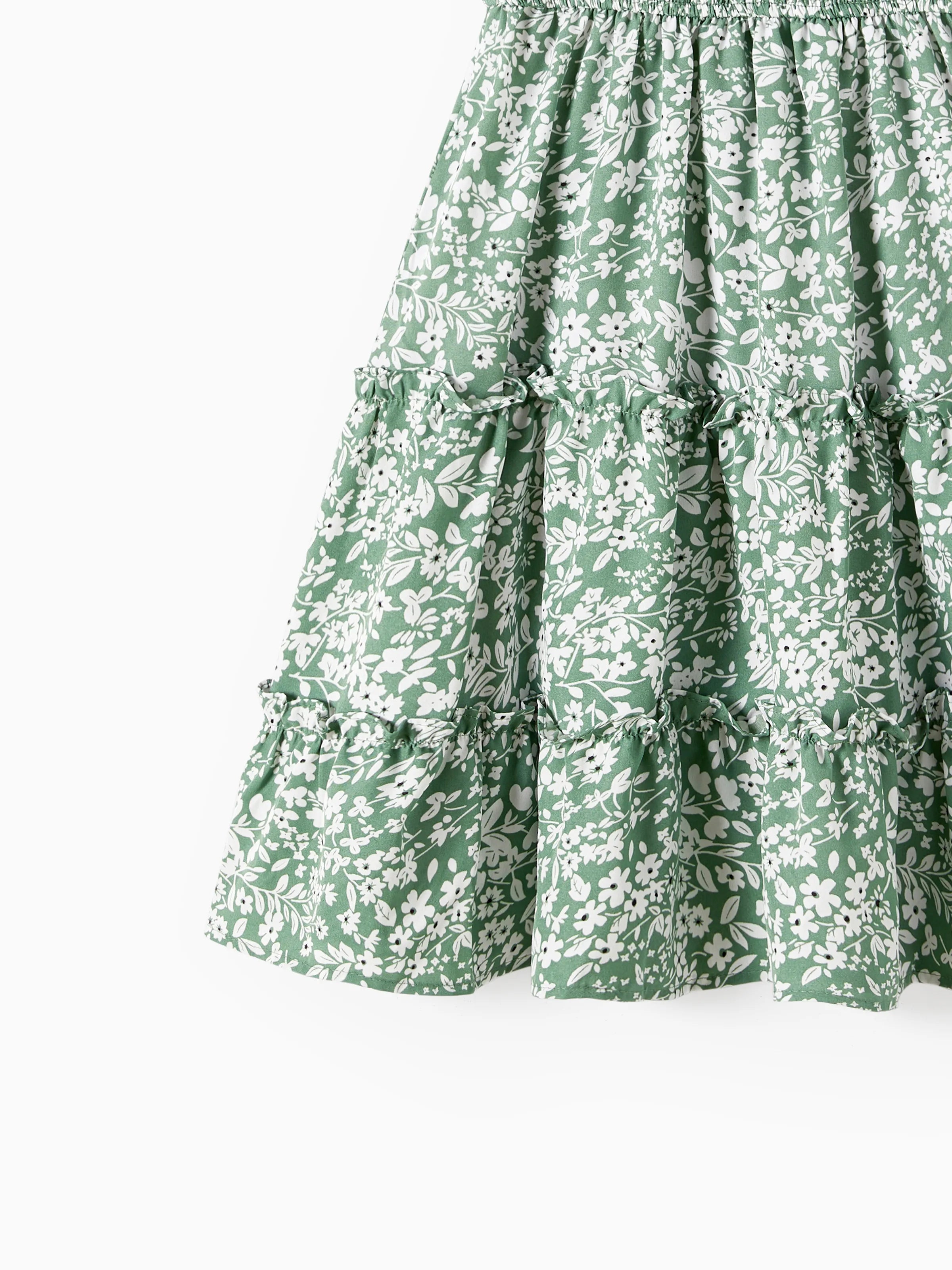 Elegant Broken Flower Matching Outfits for Family, Smocking Design, Medium Thickness Green