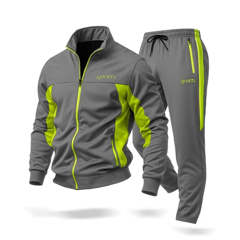 Men's casual stand-up collar jacket paired with sweatpants, breathable and comfortable.