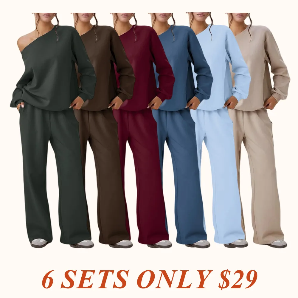 Women's Leisure Solid Color Sloping Shoulder Long Sleeve Top & Wide Leg Trousers Co-ord