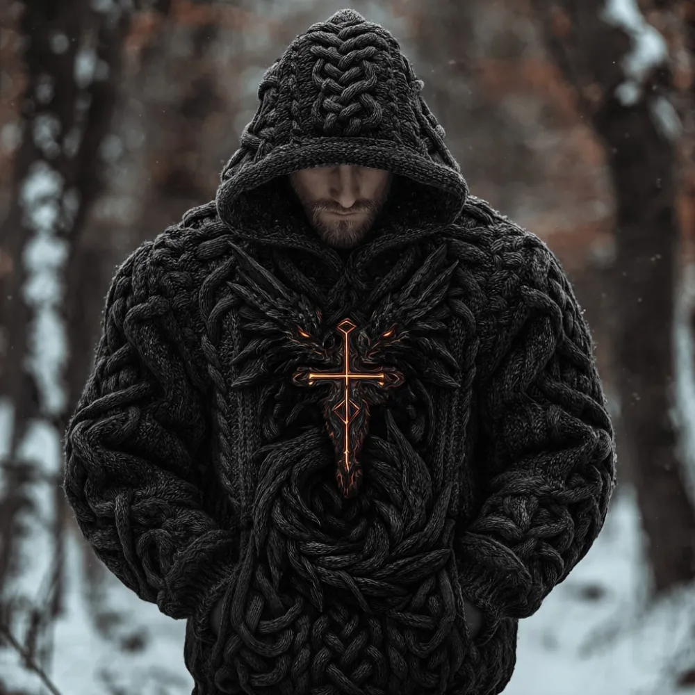 Men's Viking Celtic Dragon Chunky Hooded Sweater