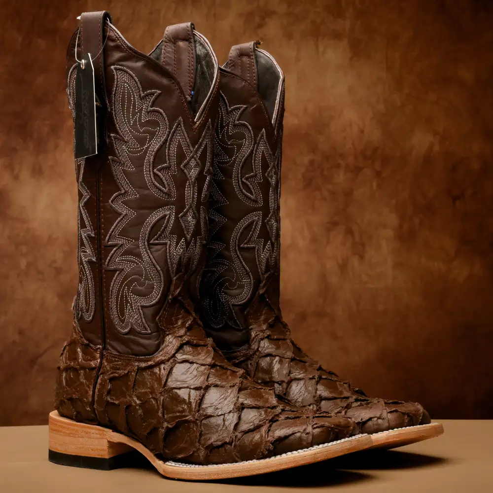 Matte Brown Jumbo Pirarucu Leather Boots - Square Toe