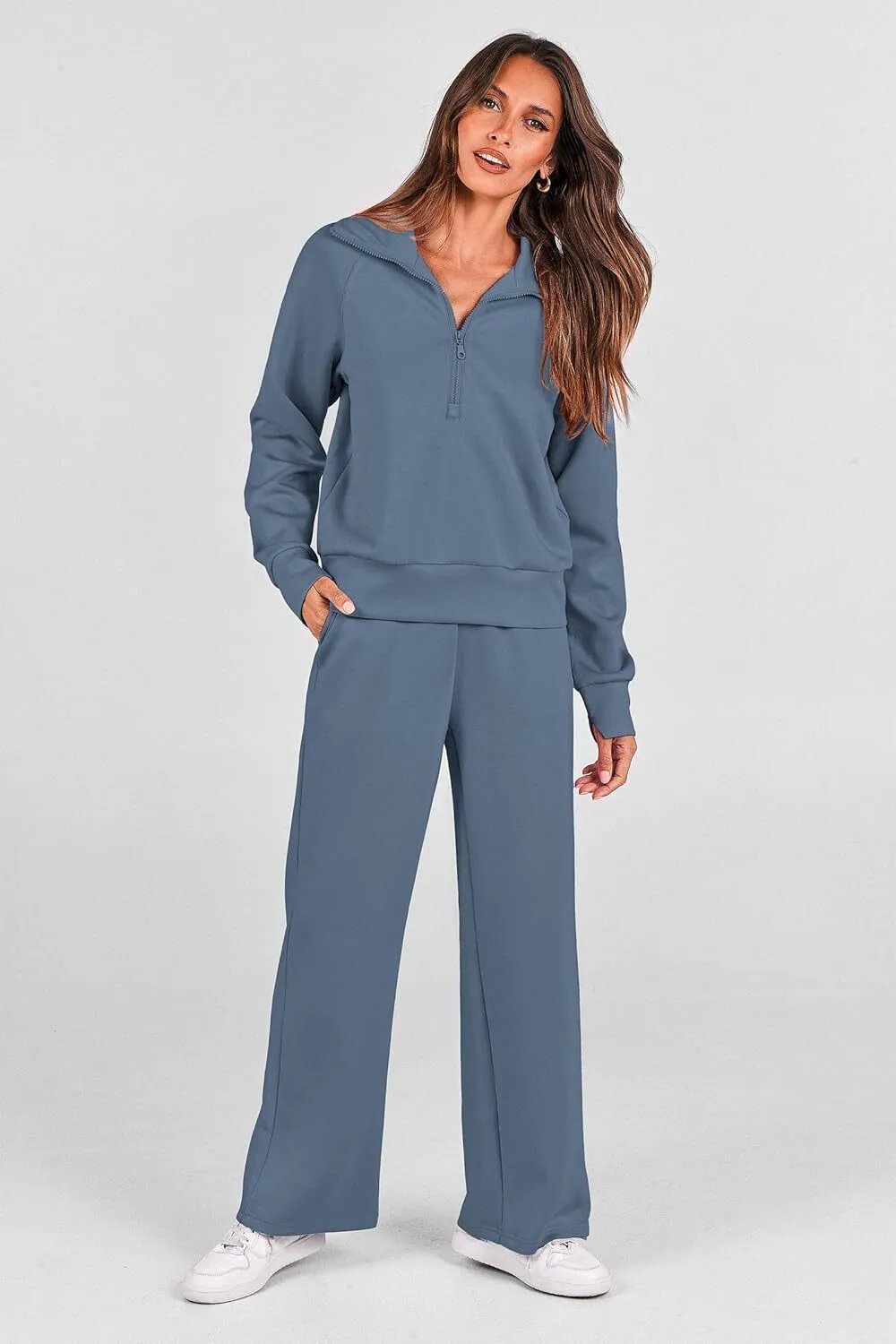🔥Final Day Clearance!🛒Women's 2 Piece Outfits Casual Lapel Half Zip Sweatshirts And Wide Leg Pants Tracksuit Sets