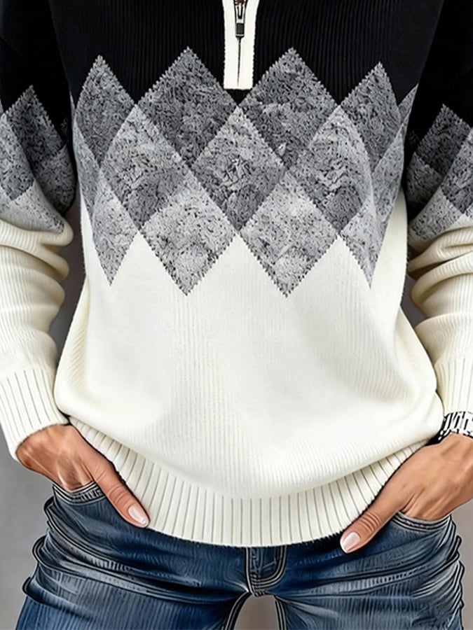 Women'S Casual Turtleneck Color-Blocked Print Pullover