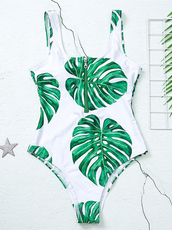 Floral Printed Zipper Backless One-Piece Swimwear