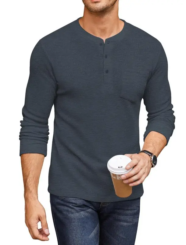 Men's Waffle Henley Long Sleeve Pocket Tee