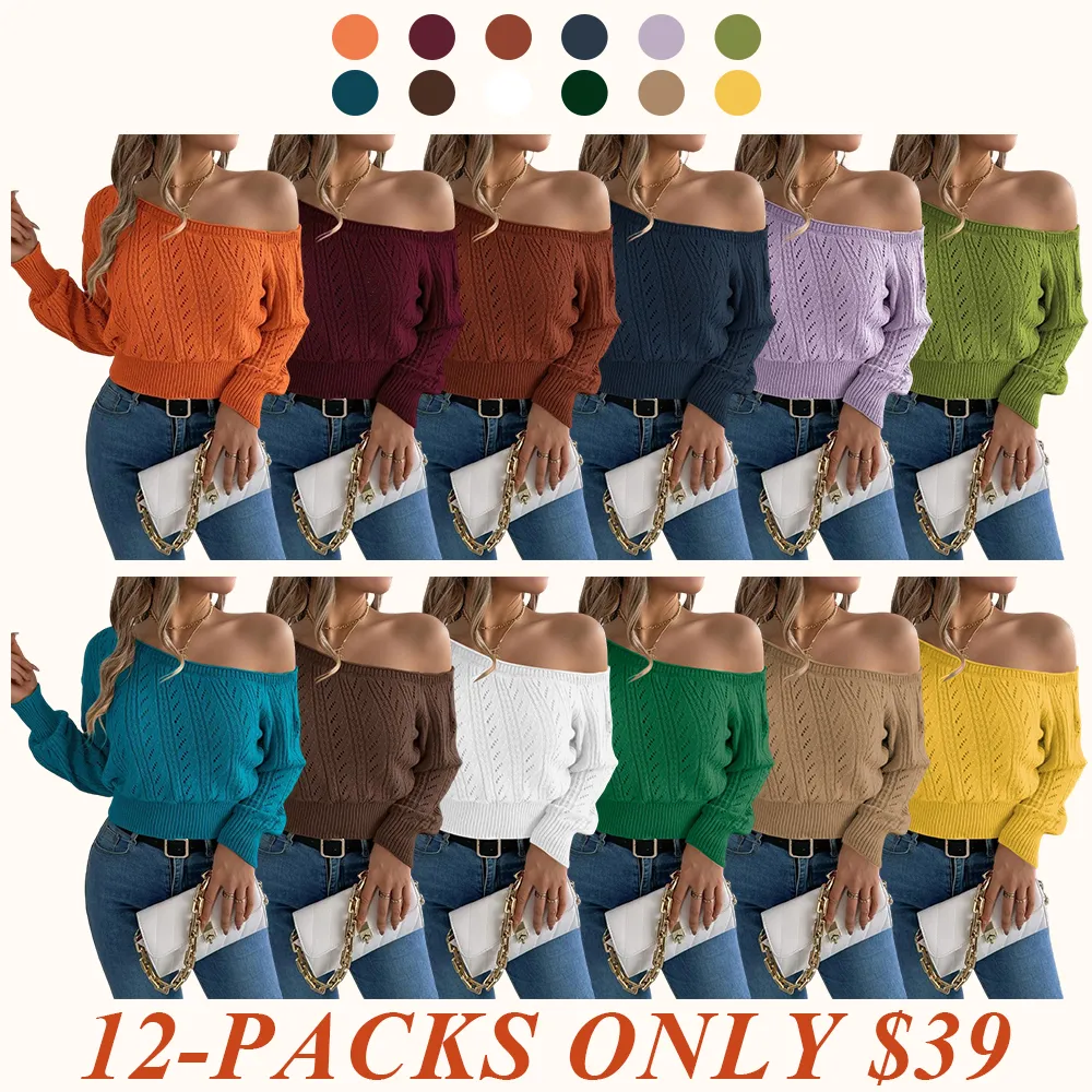 Women's Plain Textured Hollow Out Asymmetrical Neck Sweater