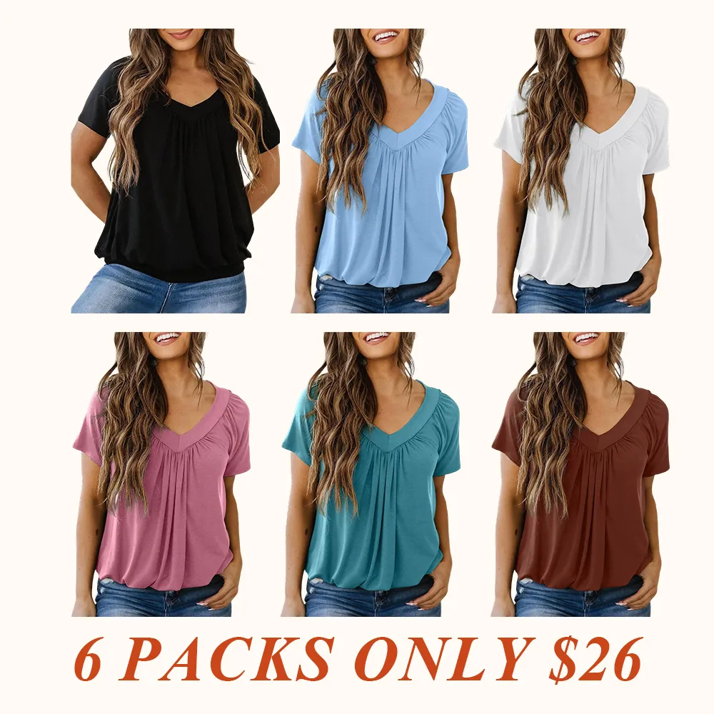 Women's Casual Summer Short Sleeve V Neck Tops T-shirts - Loose Fit & Comfortable Shirring Top