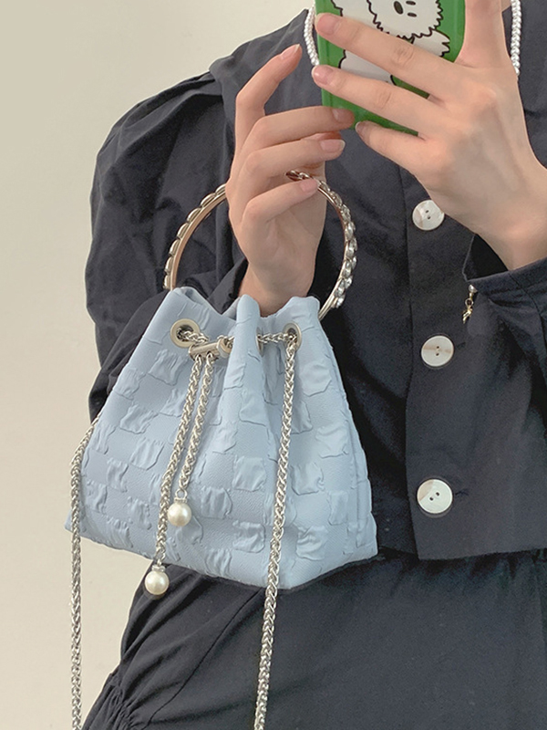 Urban Solid Color Checkered Chain Bucket Messenger Bags