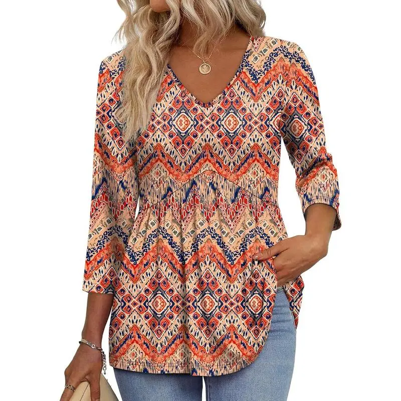 3/4 Length Sleeve Womens Tops 2025 Blouses for Women Dressy Casual Fashion Clothing V Neck Babydoll Tops Fall Outfits