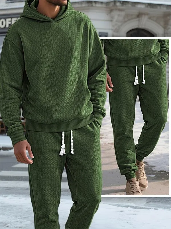 Two-piece men's solid color hooded sweatshirt and drawstring pants set