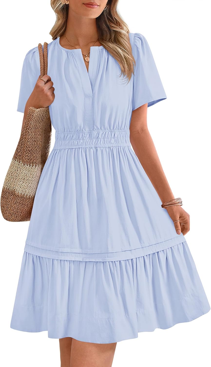 Women's Casual Dresses 2025 Summer Spring V Neck Short Sleeve Sundress Smocked Waist A Line Tiered Mini Dress
