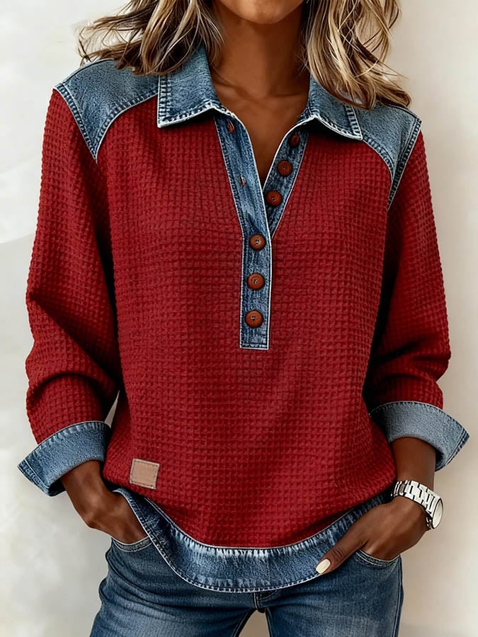 Women's Casual Collared Denim Patchwork Waffle Knit Sweatshirt