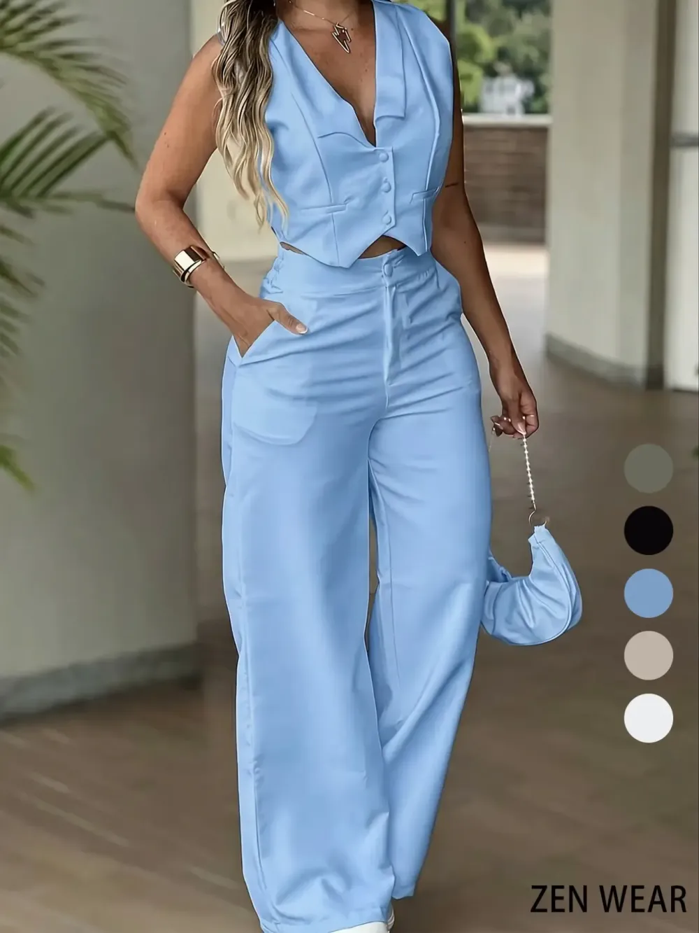 New Women's Pants Set, Sleeveless Waist Cinching Vest Set, Wide Leg Pants