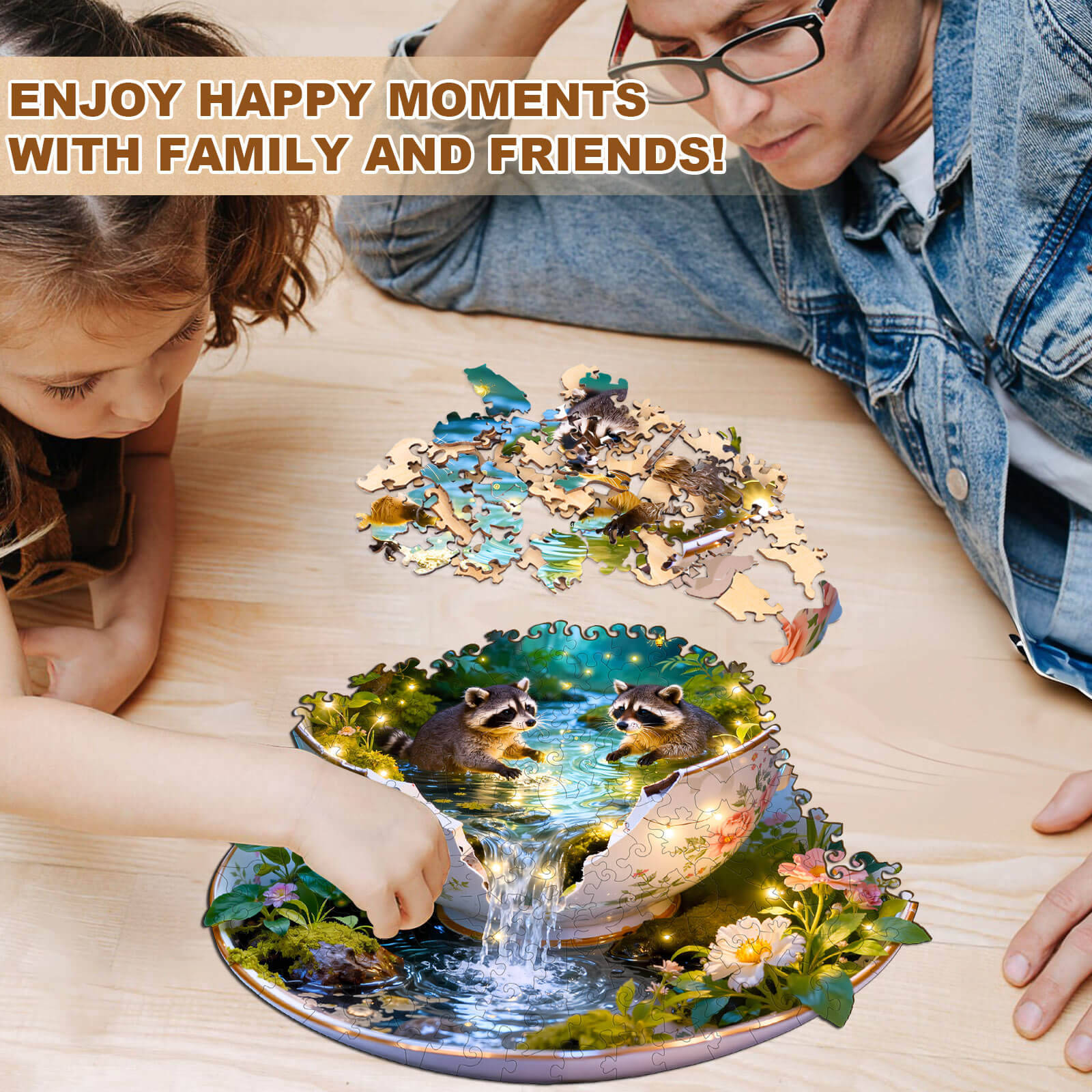 Raccoons Playing Wooden Jigsaw Puzzle