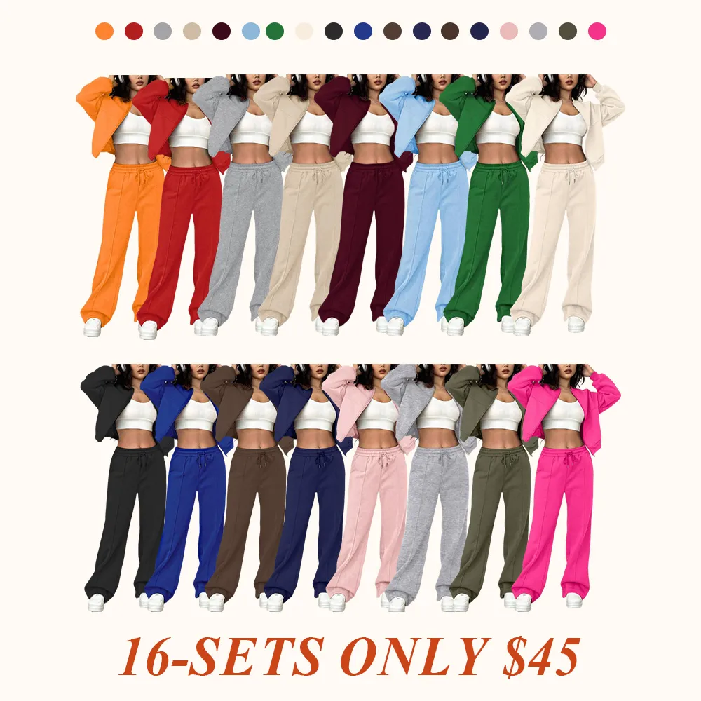 Two-piece Set Women's Solid Zip Up Drop Shoulder Jacket & Pocket Elastic Waist Pants